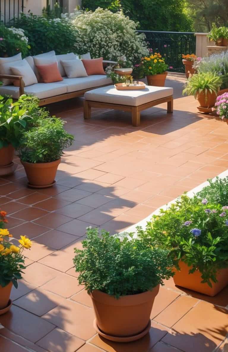A terrace garden with terracotta tiles and pots
