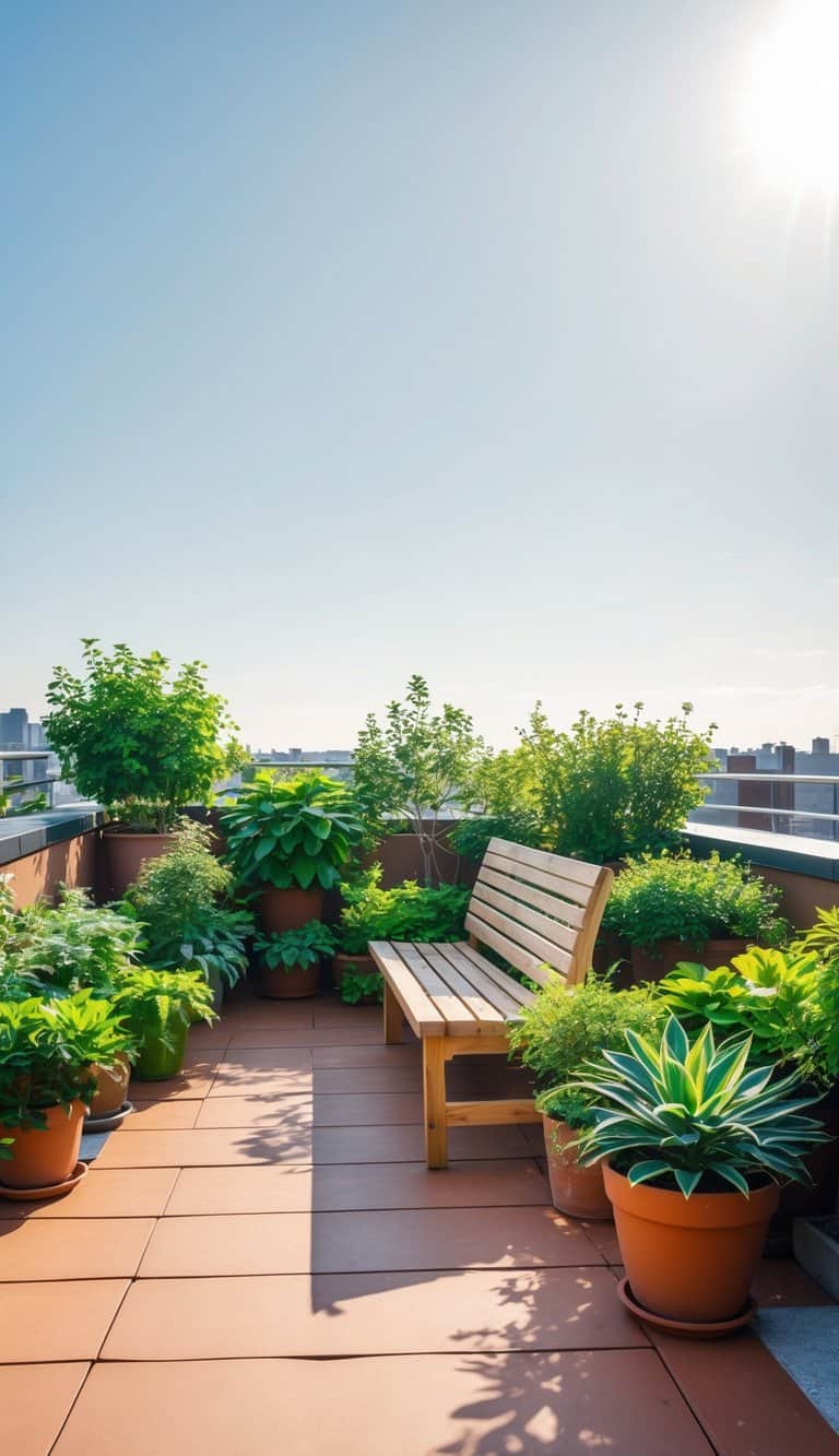 A simple wooden bench in a terrace garden, surrounded by layered potted greenery