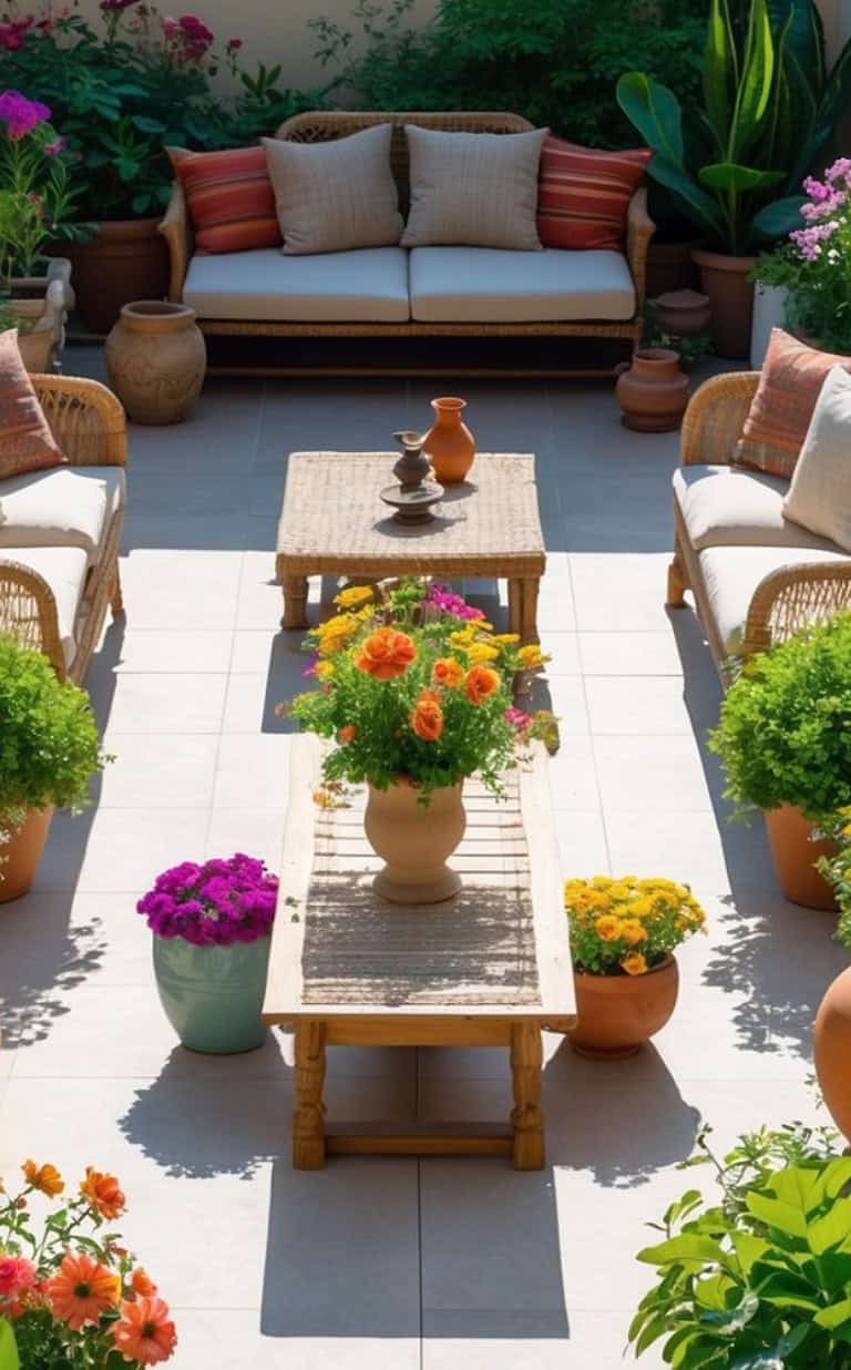 A terrace garden with cozy wicker seating and colorful potted blooms