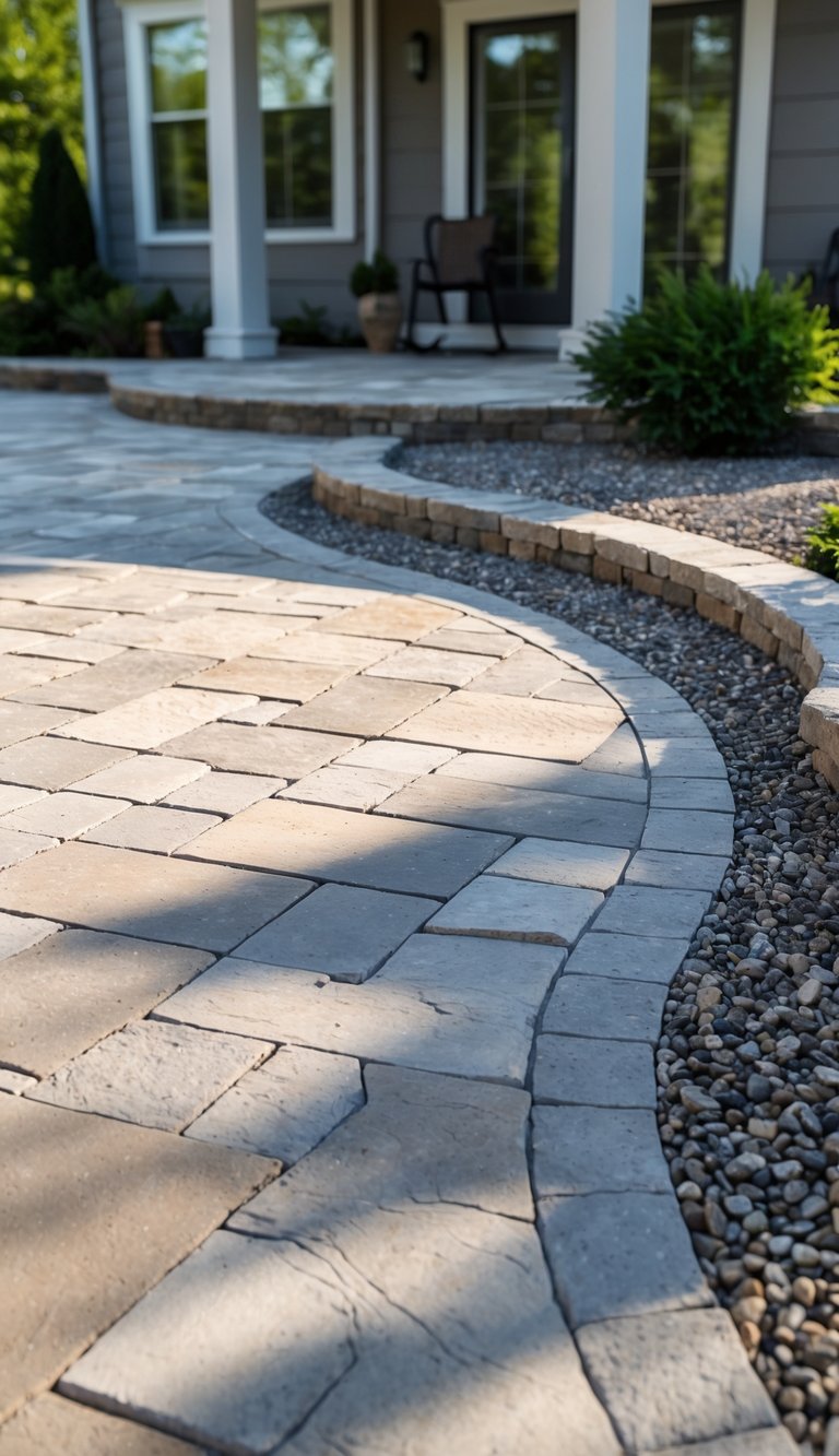 A residential patio with natural stone pavers bordered by gravel, surrounded by plants and bright sunlight.