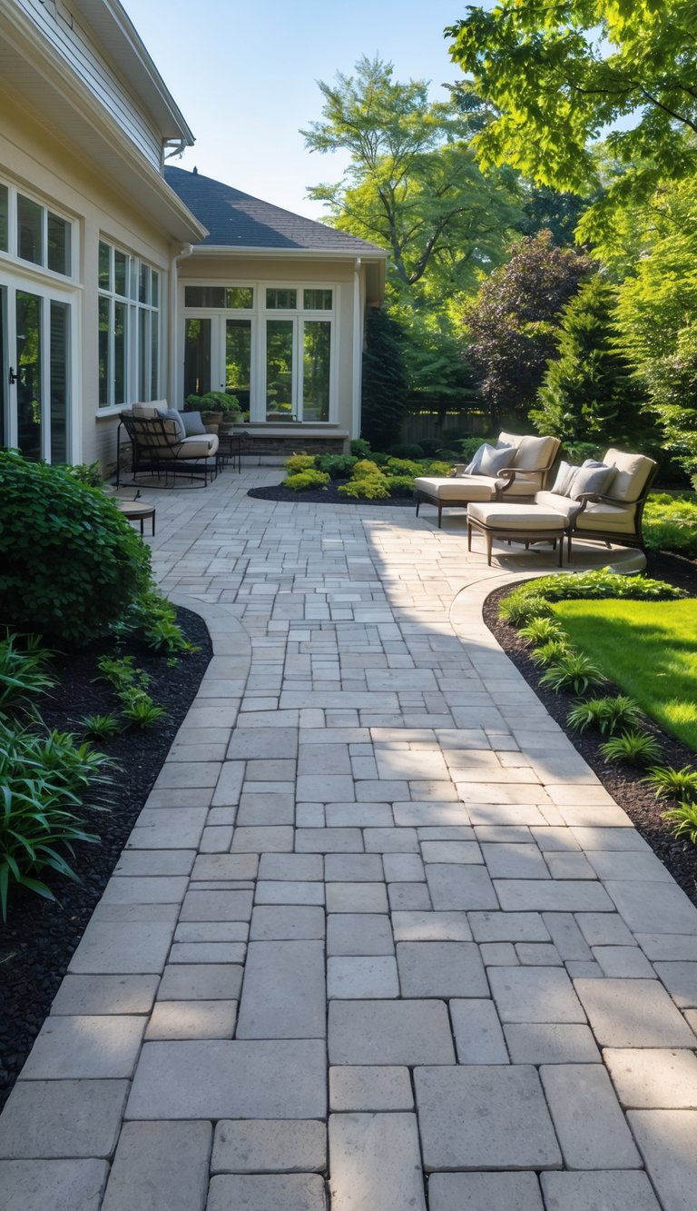A backyard patio with a stone pathway leading to an outdoor seating area, surrounded by lush green plants and trees, under a clear blue sky.