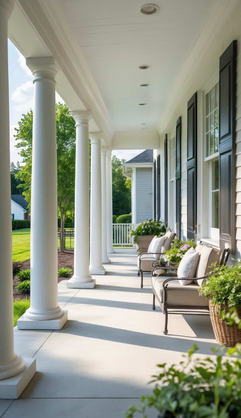 White round farmhouse porch columns supporting a covered porch with recessed lighting and cushioned seating.