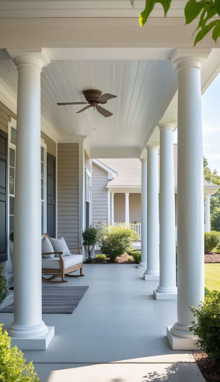 Tall round farmhouse porch columns with Tuscan-style capitals lining a covered porch with beadboard ceiling and ceiling fan.