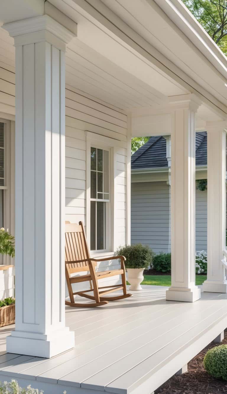 Detailed farmhouse porch columns with vertical trim panels supporting a white covered porch with rocking chair.