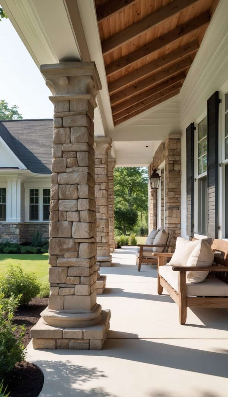 Stacked stone farmhouse porch columns with molded caps supporting a vaulted wood ceiling on a covered front porch.