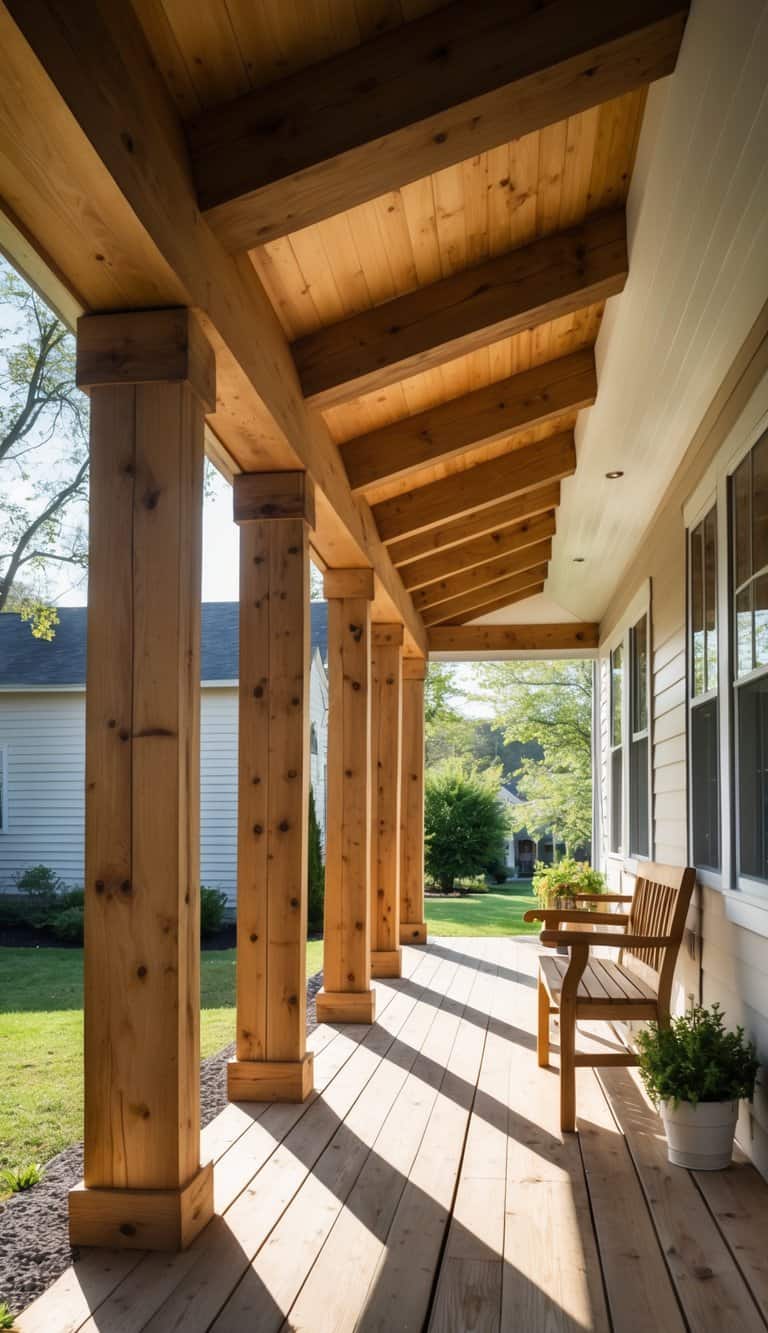 Solid wood farmhouse porch columns supporting exposed timber beams and a stained plank ceiling on a covered porch.