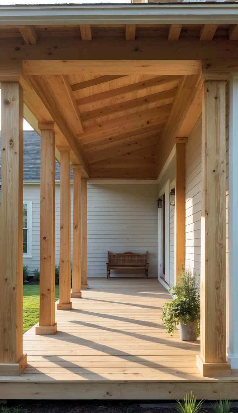 Natural wood farmhouse porch columns aligned beneath a vaulted plank ceiling with exposed rafters on a covered porch.