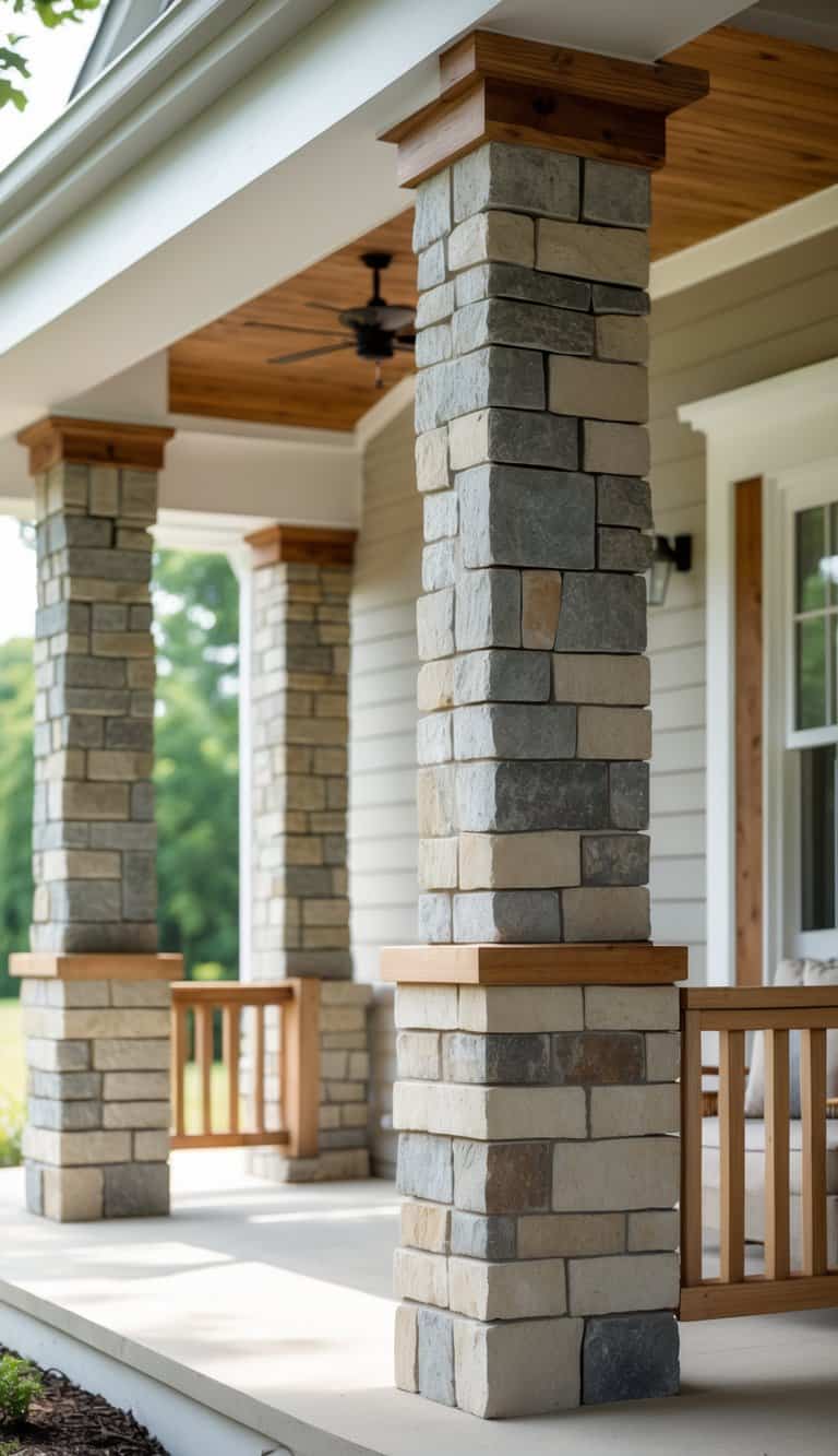 Stacked stone farmhouse porch columns with wood trim caps supporting a covered porch with stained wood ceiling.