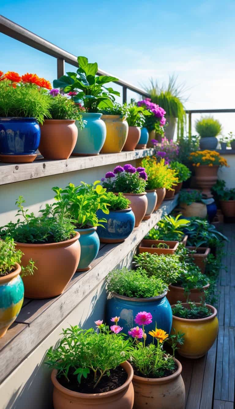 Terrace garden with colorful ceramic pots holding various green plants and flowers under clear daylight.