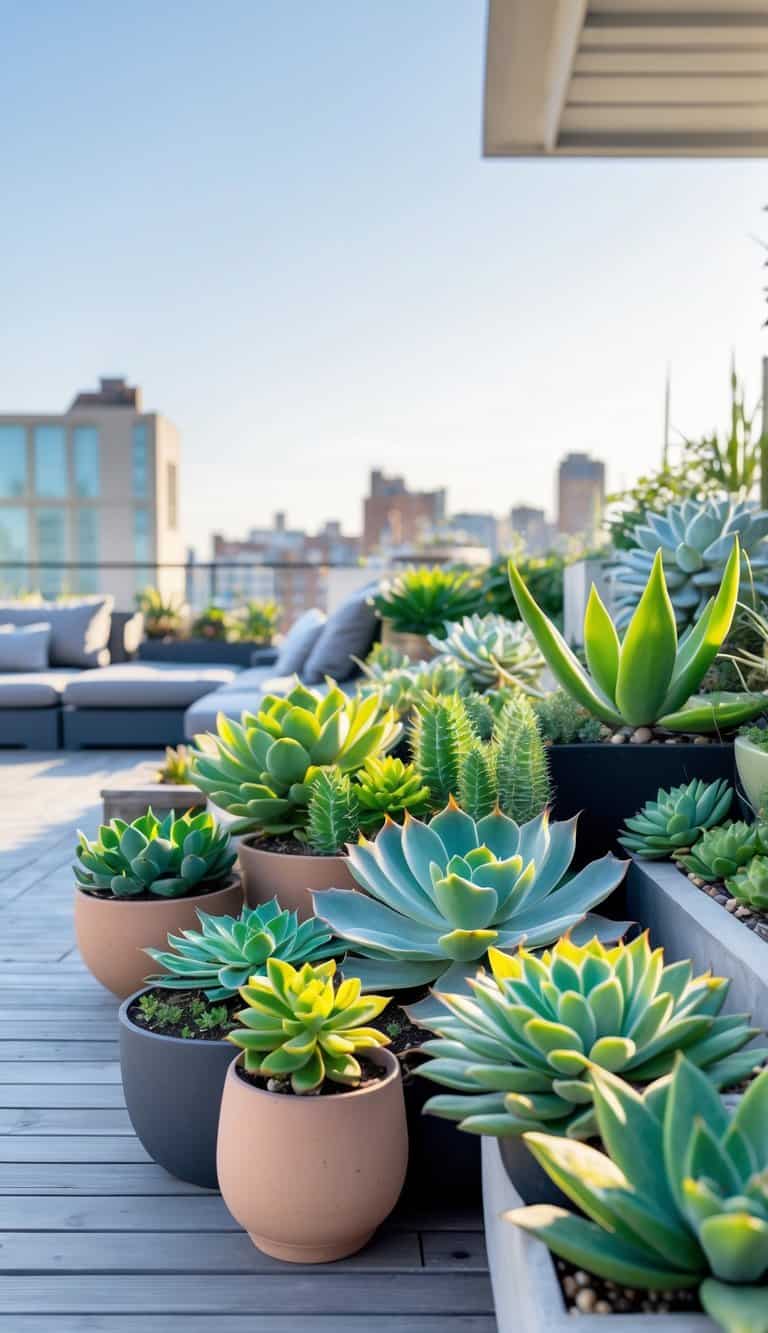 A terrace garden with various succulents in pots on wooden decking and outdoor seating under natural sunlight.