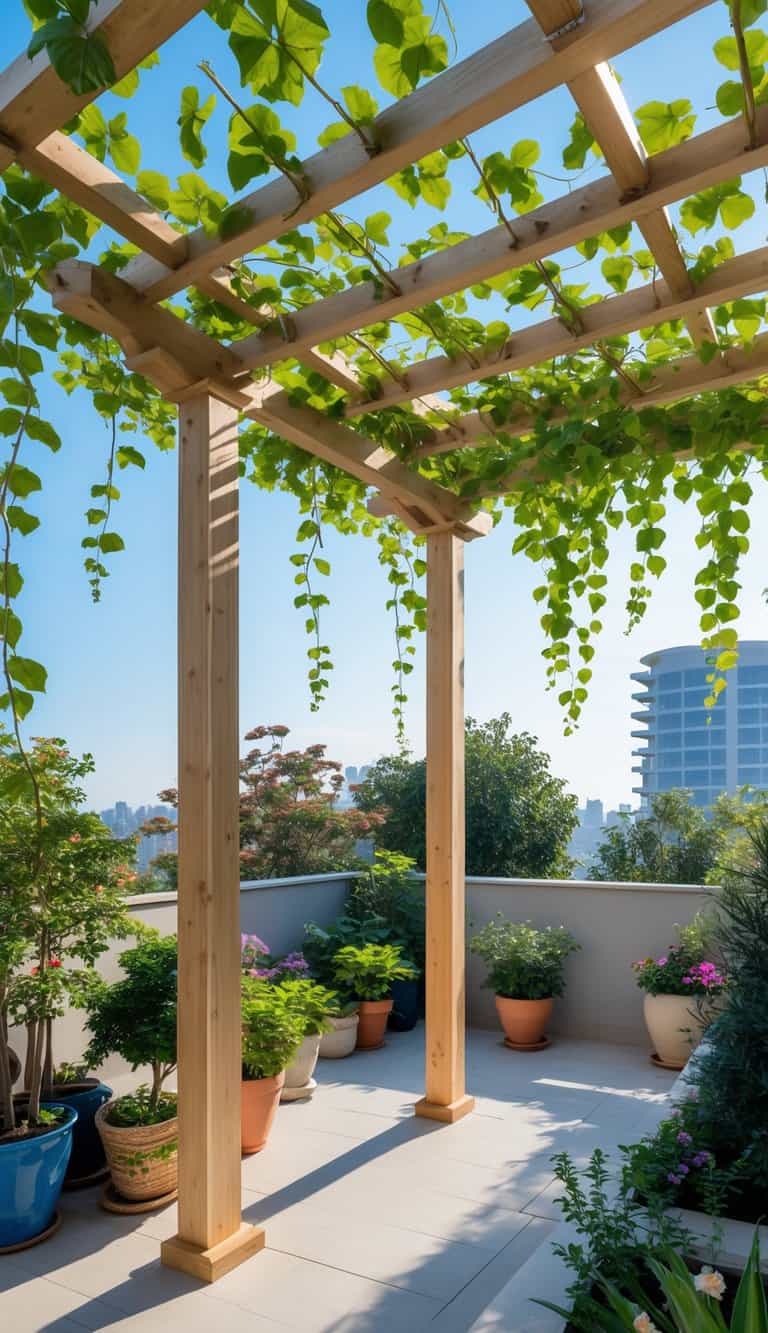 A wooden pergola with hanging green vines on a terrace garden surrounded by potted plants and flowers under a clear sky.