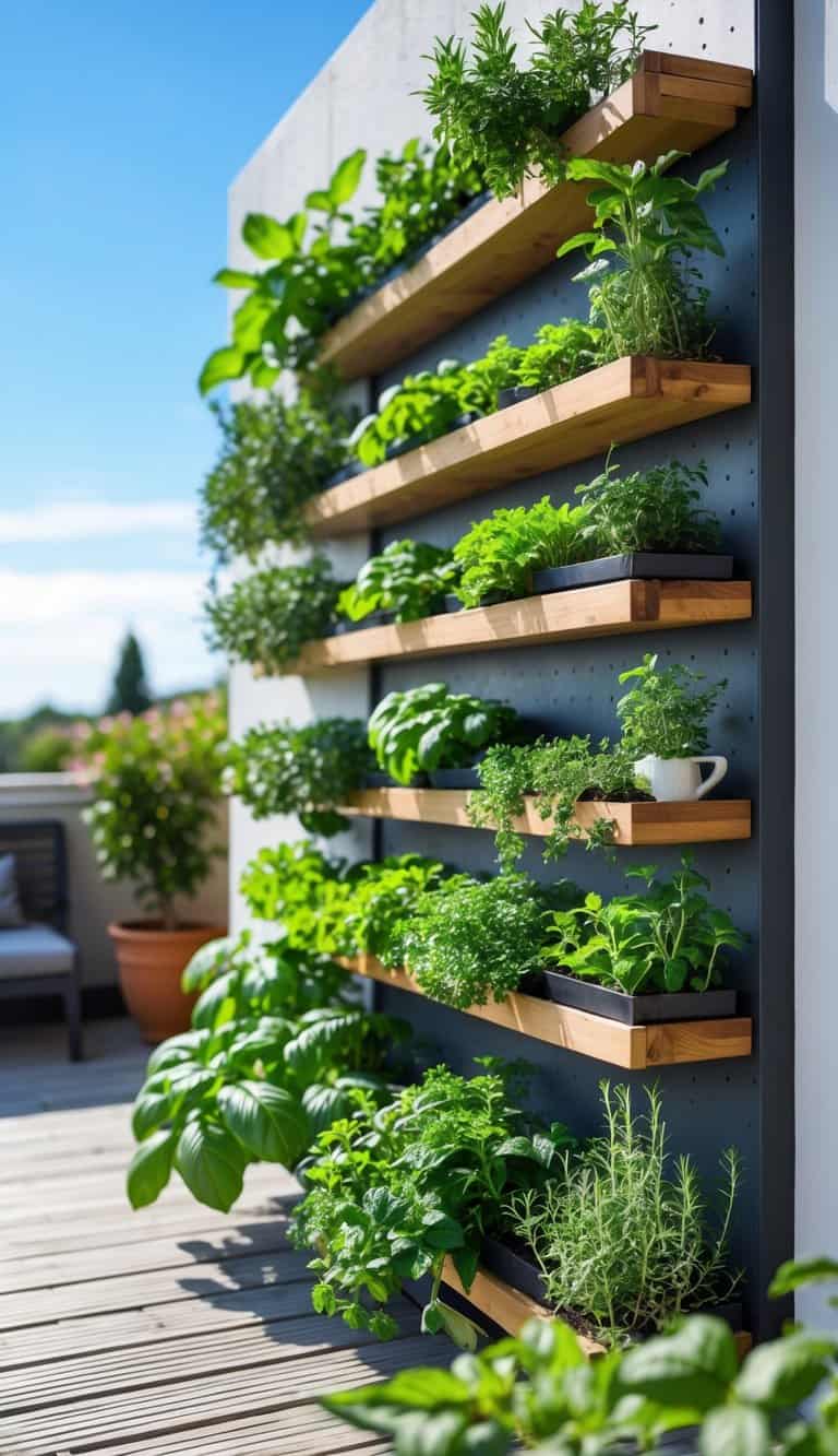 Vertical herb wall with wooden shelves filled with green herbs on a sunlit terrace garden.