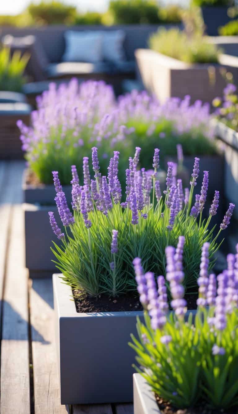 A terrace garden with blooming lavender plants and a seating area in the background.
