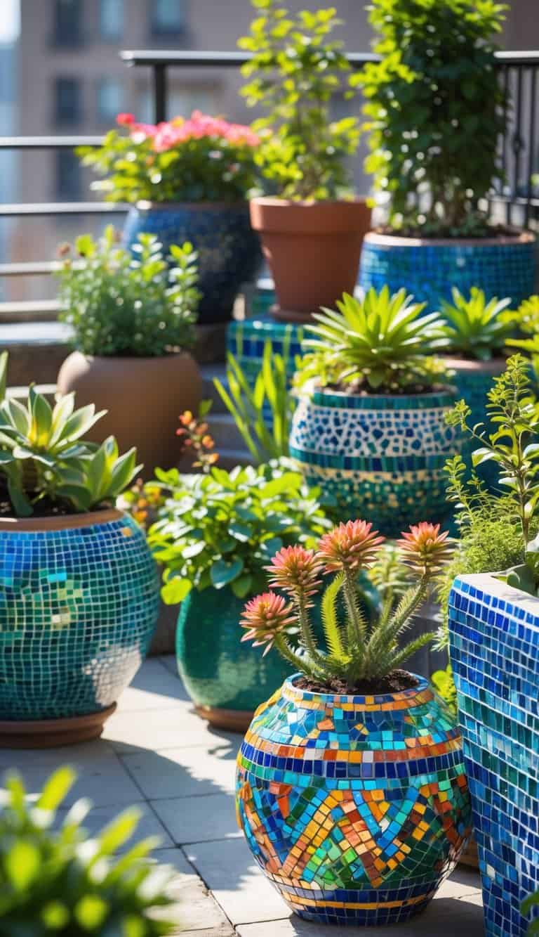 A terrace garden with colorful mosaic-tiled planters filled with various green plants and flowers.