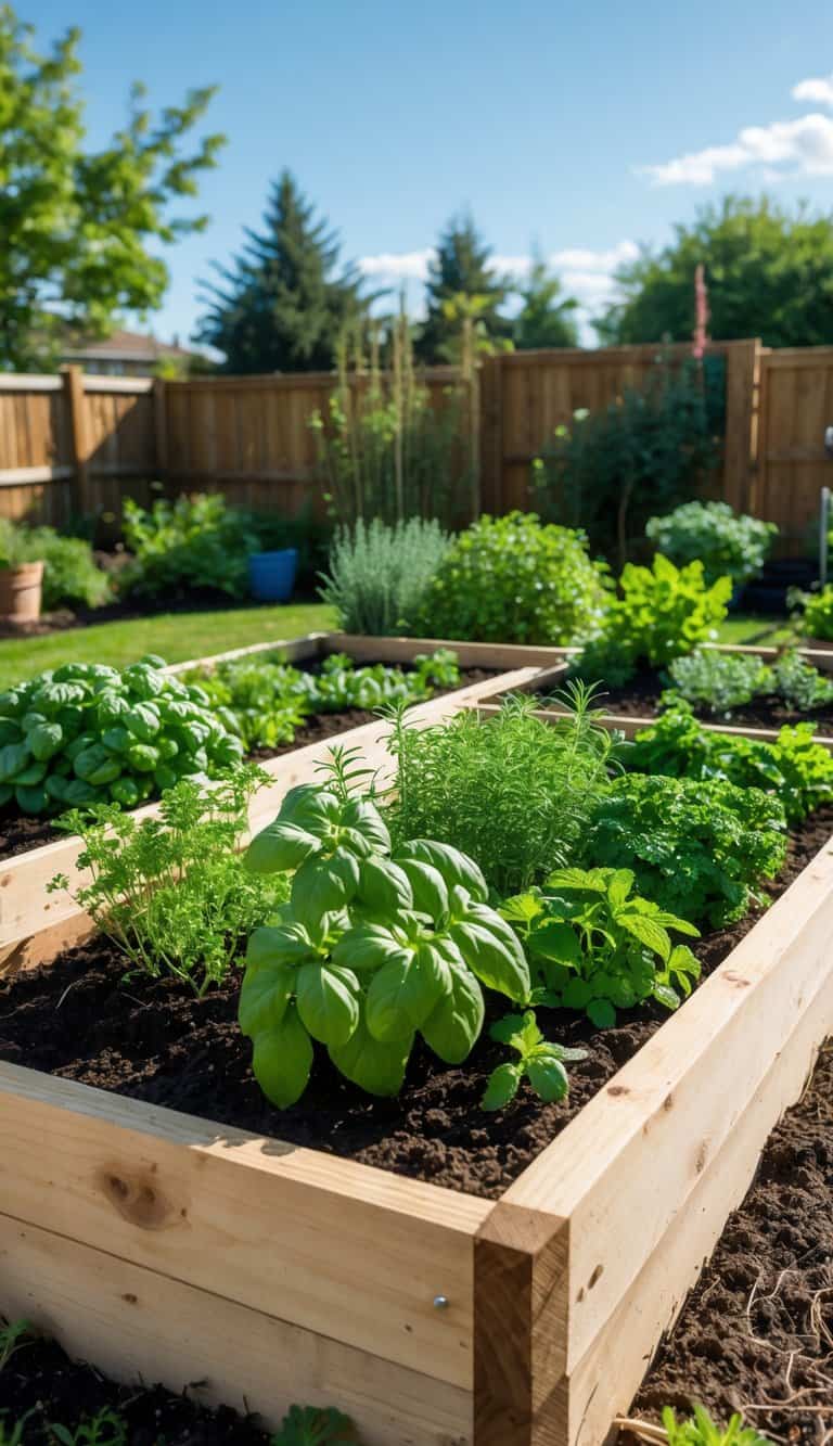 A raised wooden herb garden bed filled with various green herbs in a sunny backyard.