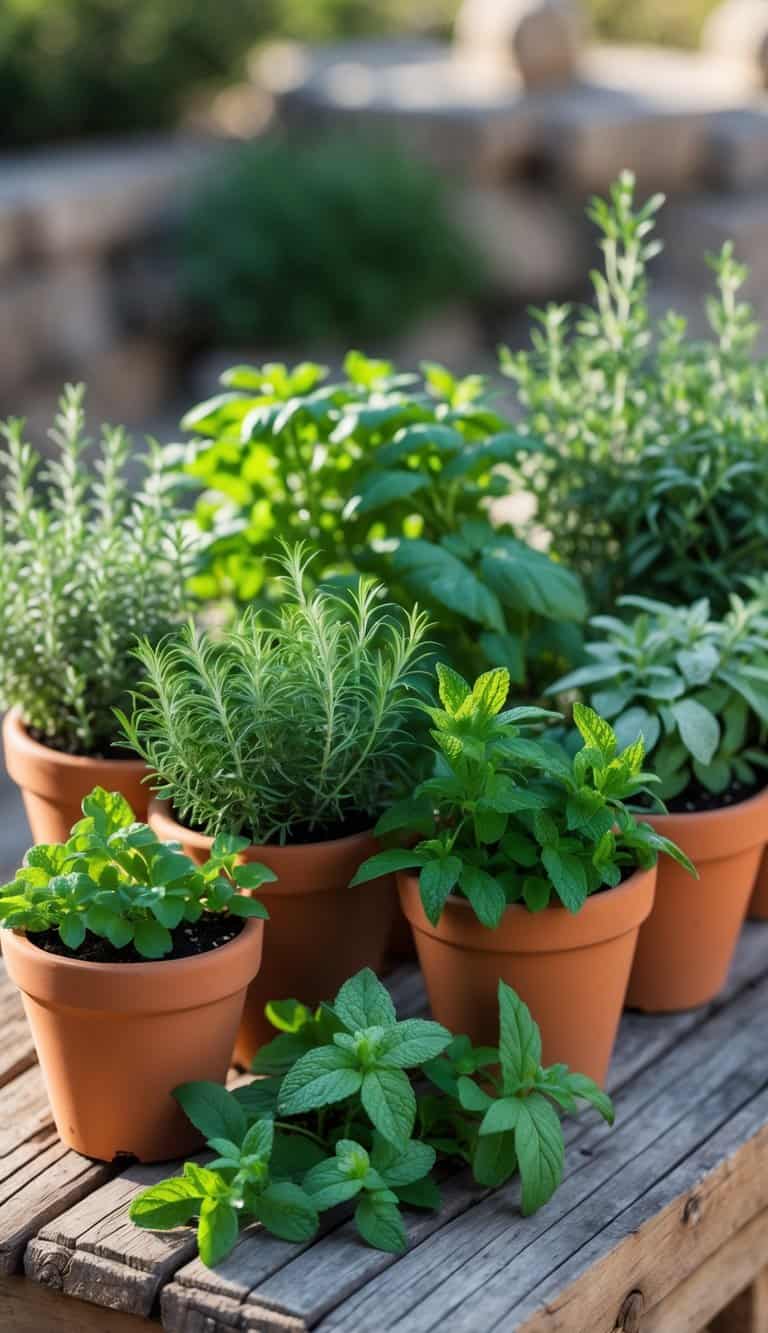 A small herb garden with terracotta pots containing various green Mediterranean herbs arranged outdoors on a wooden surface.