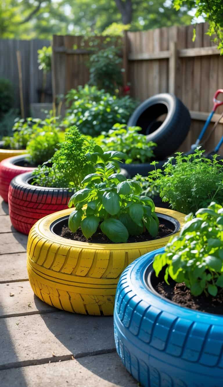 Outdoor garden with old tires painted in bright colors used as planter beds filled with various green herbs.