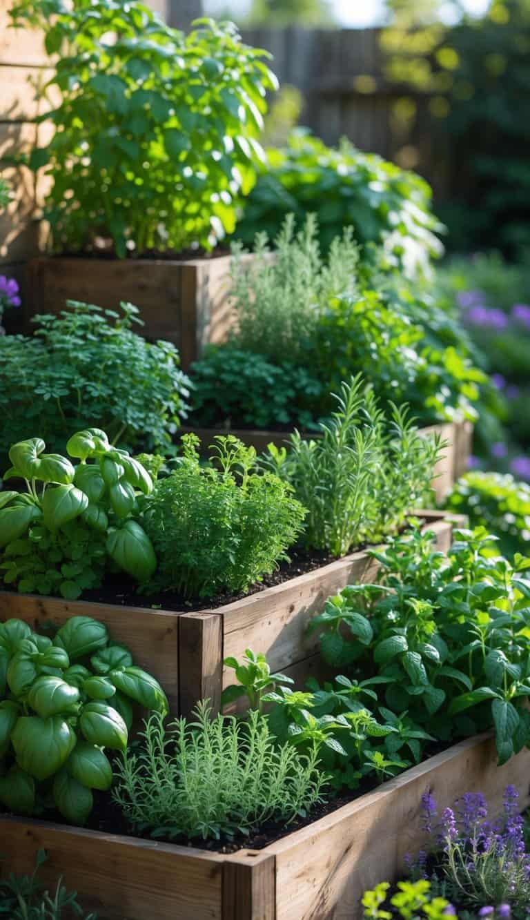 A tiered garden with multiple wooden boxes filled with various green herbs growing in sunny and shaded spots.