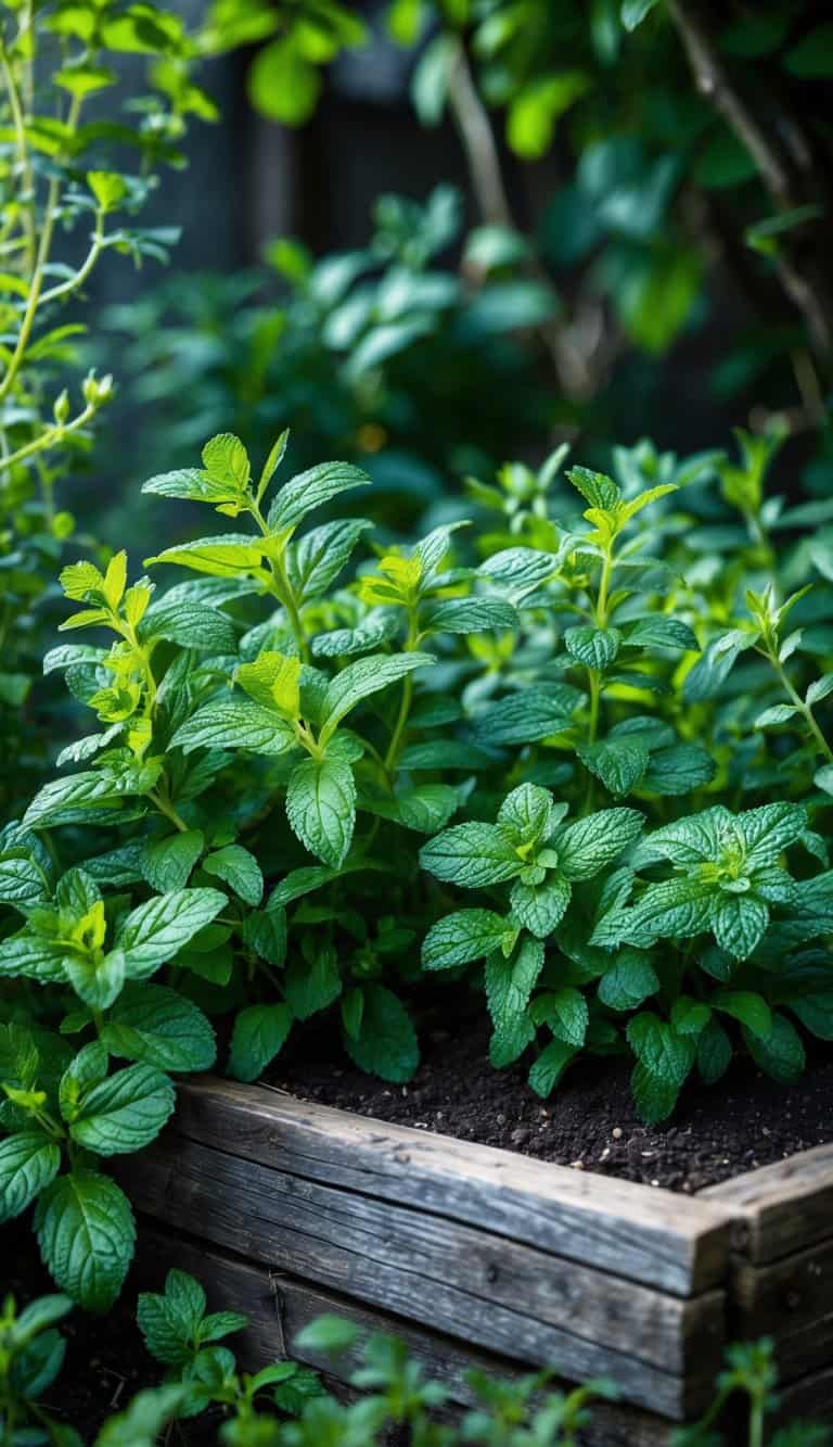 A shaded garden corner with healthy lemon balm and mint plants growing closely together in soil, surrounded by greenery.