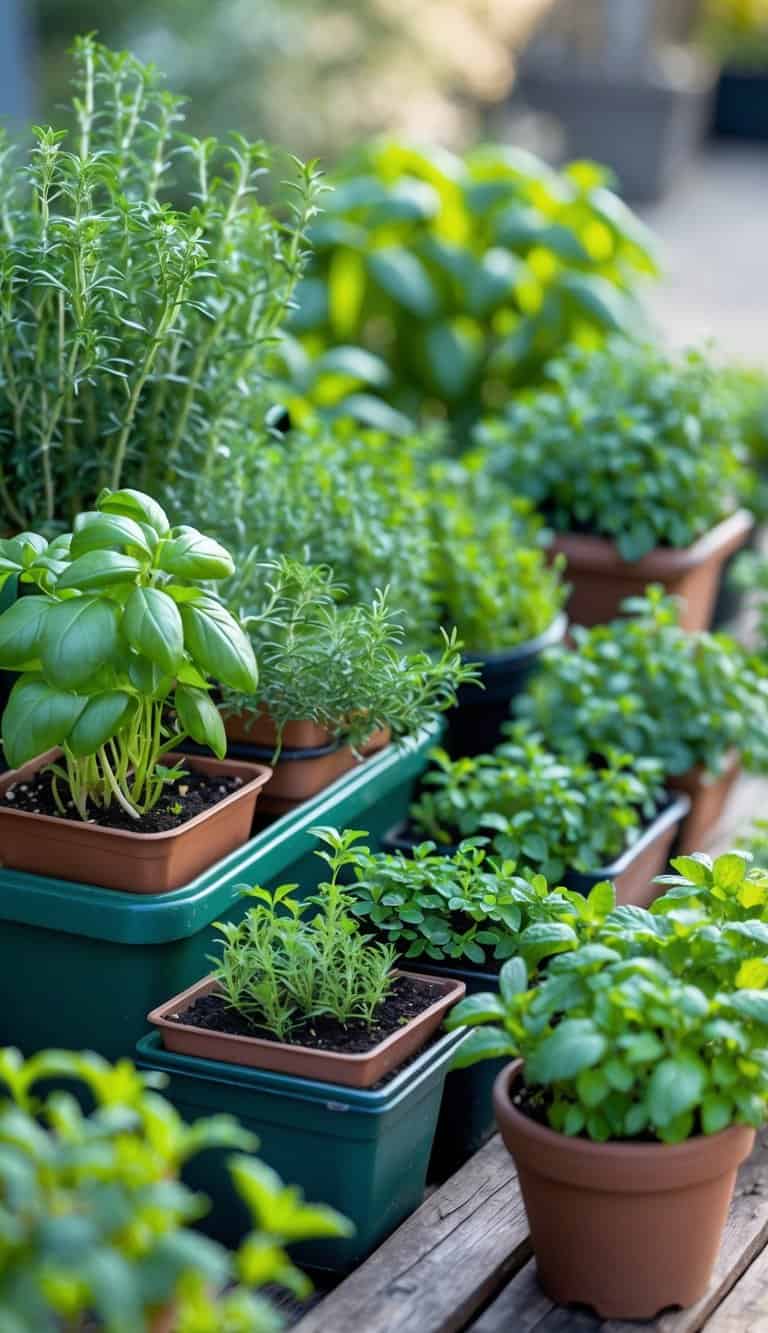 A collection of small pots with various dwarf herb plants arranged on a wooden surface outdoors.