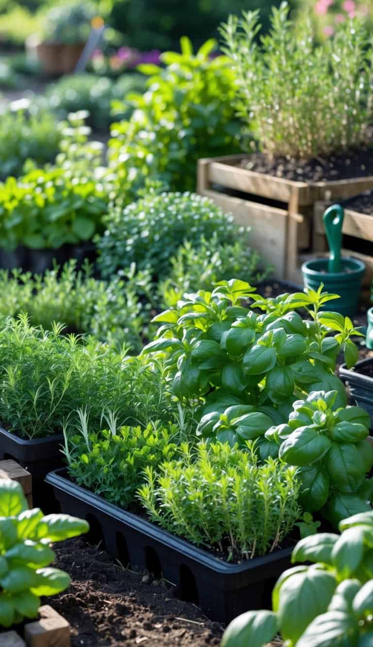 A sunlit herb garden with fresh savory plants and other herbs growing in pots and garden beds.