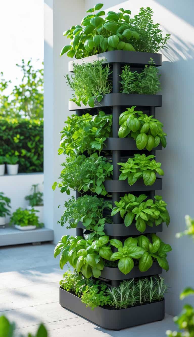 Vertical garden towers filled with various fresh herbs in a small outdoor patio space.