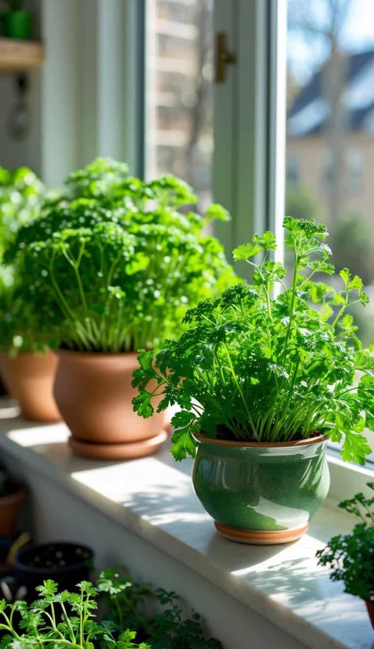 Indoor windowsill with healthy parsley and chervil plants growing in pots, illuminated by natural light.