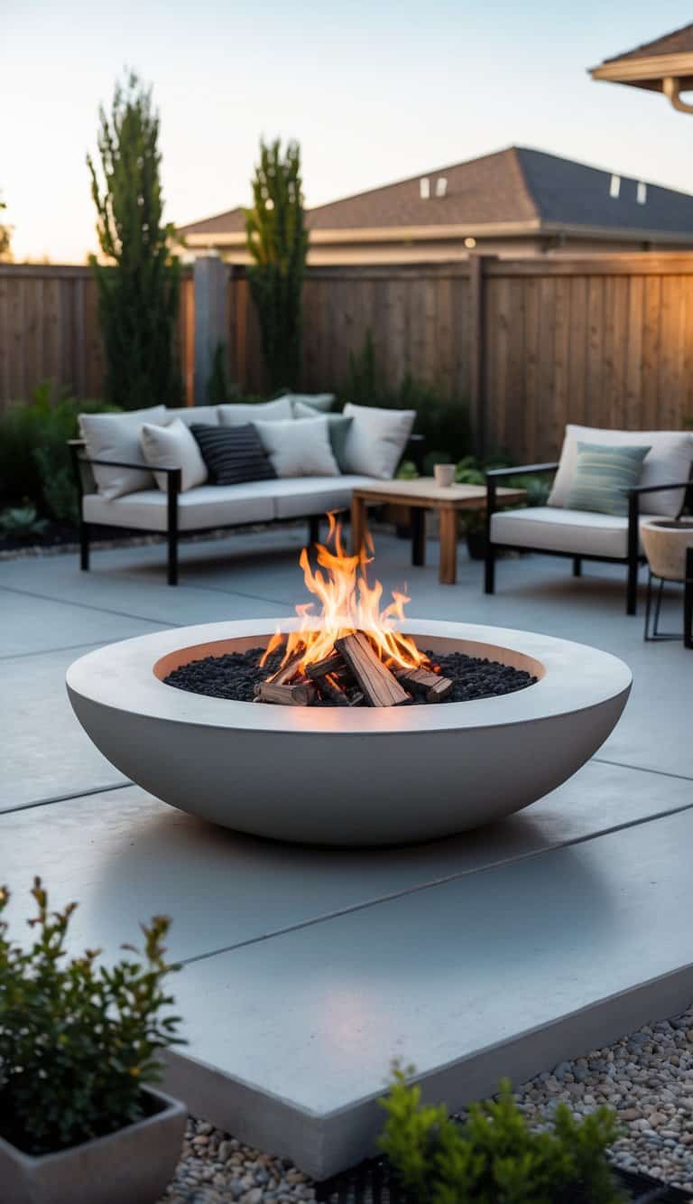 Outdoor patio with a concrete fire pit surrounded by seating and plants under a clear sky.