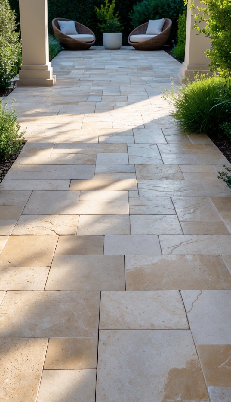 Outdoor patio paved with natural travertine stone tiles surrounded by greenery and soft sunlight.