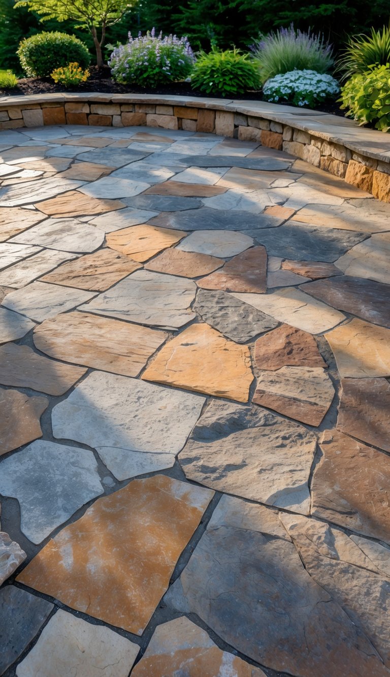 An outdoor patio paved with irregularly shaped natural stone surrounded by green plants.