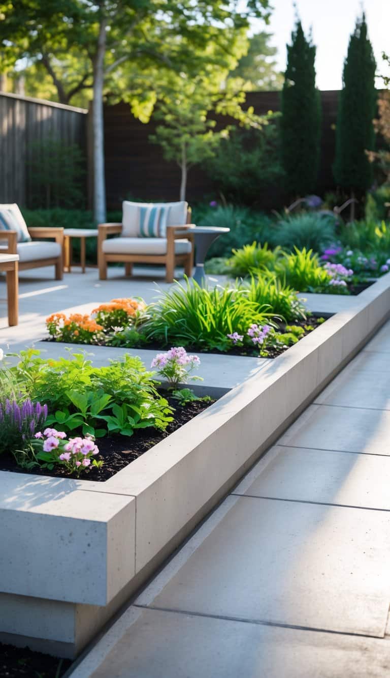 An outdoor cement patio with built-in planters along the edges filled with green plants and flowers, surrounded by outdoor furniture and garden greenery.