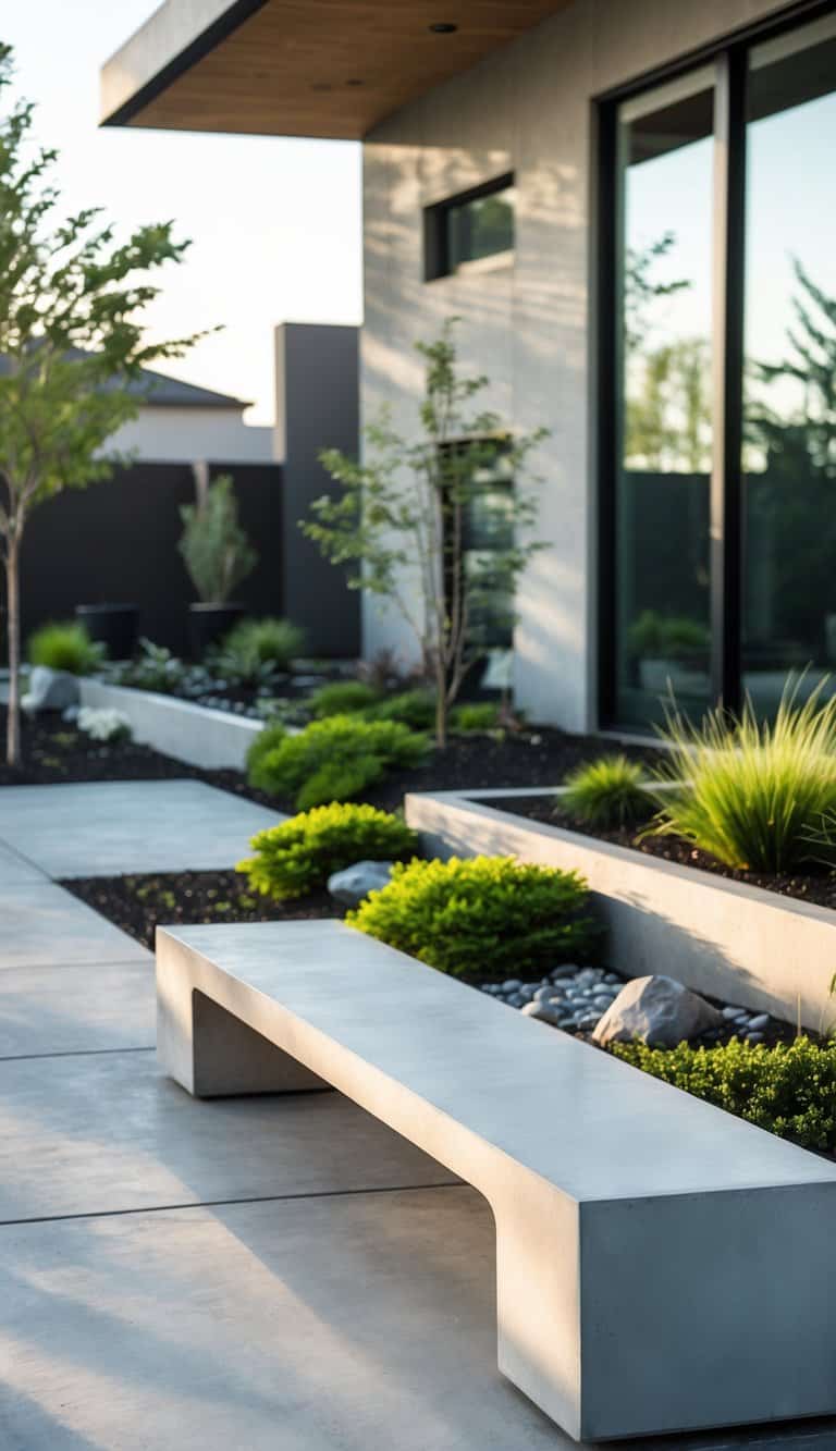 An outdoor patio with a modern concrete bench surrounded by plants and decorative stones.