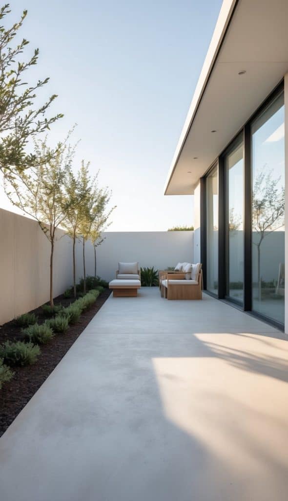 A modern outdoor patio with minimalist furniture, featuring a wooden chair and sofa with cushions next to a wall with small trees and shrubs, adjacent to a building with large glass doors.