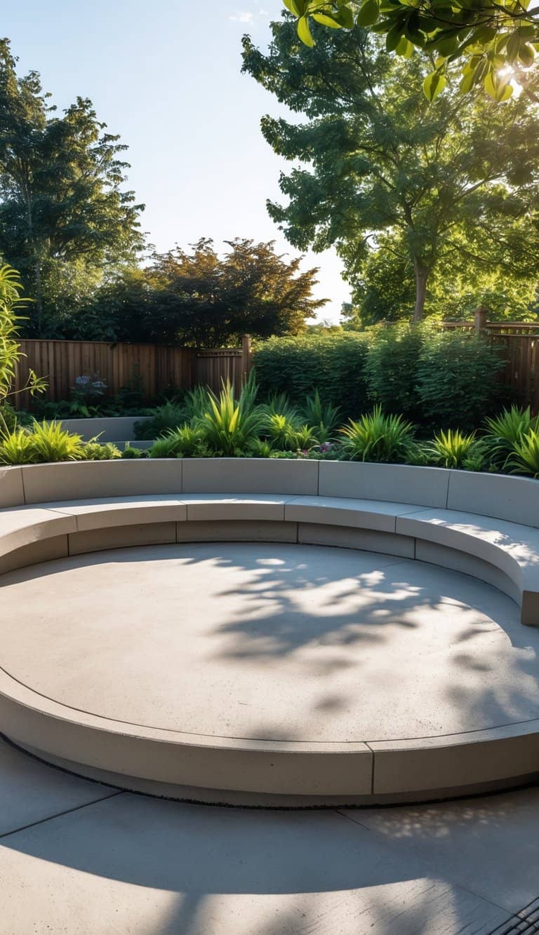 Round cement patio with built-in curved seating surrounded by plants under a clear sky.