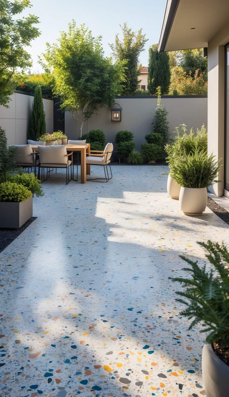 Outdoor patio with a polished concrete floor, modern furniture, and plants under natural sunlight.