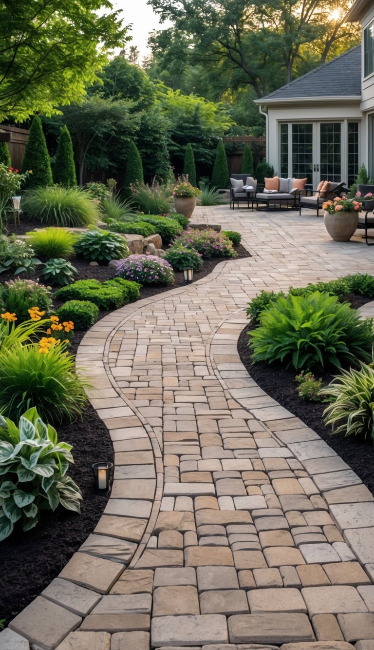 A garden with paver pathways connecting green plants and a patio area with outdoor furniture.