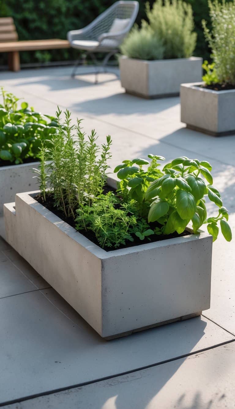 Outdoor cement patio with built-in concrete planter boxes filled with various fresh herbs.