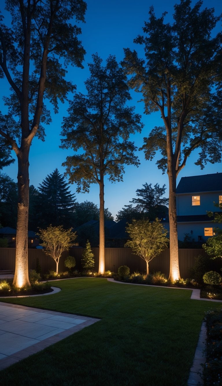 A backyard at dusk with large trees illuminated from below by warm lights, creating a glowing effect on the tree trunks and leaves.