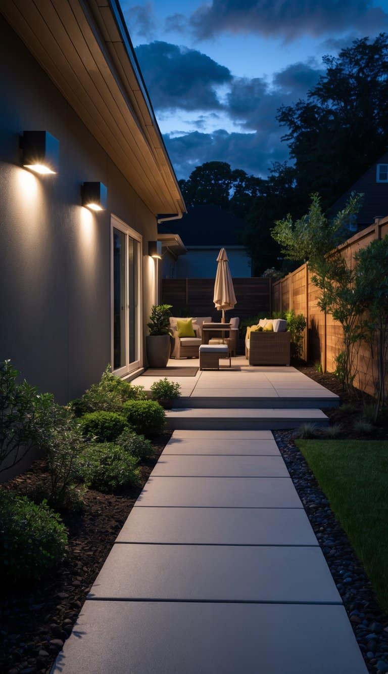 A backyard at dusk illuminated by motion-activated floodlights showing a garden, patio furniture, and a pathway.