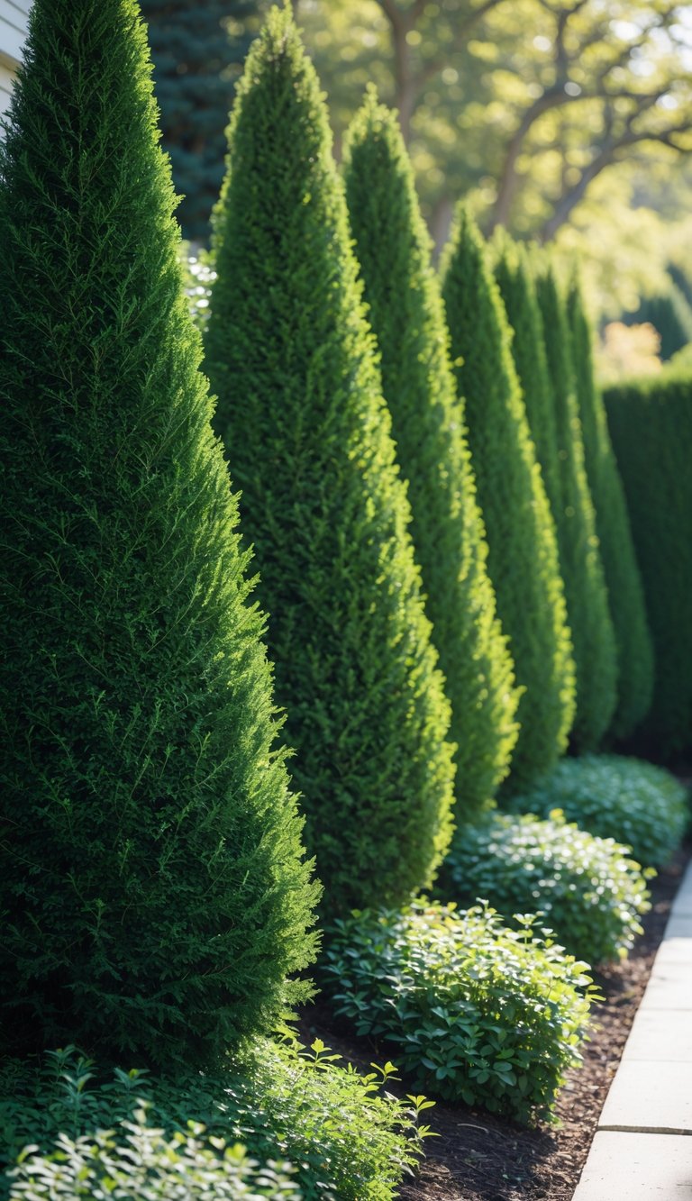 A row of tall, dense evergreen arborvitae hedges forming a green privacy screen in a sunny garden.