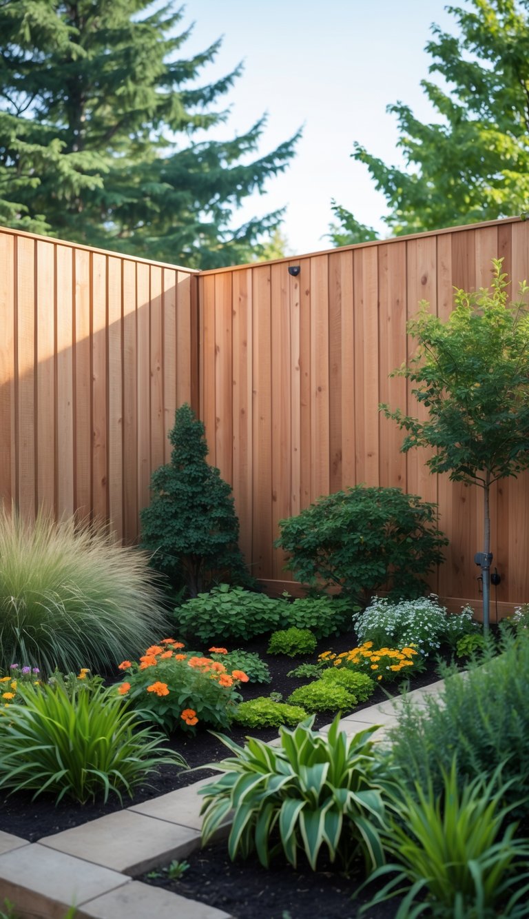 A backyard with a tall cedar privacy fence surrounded by green plants and colorful flowers.