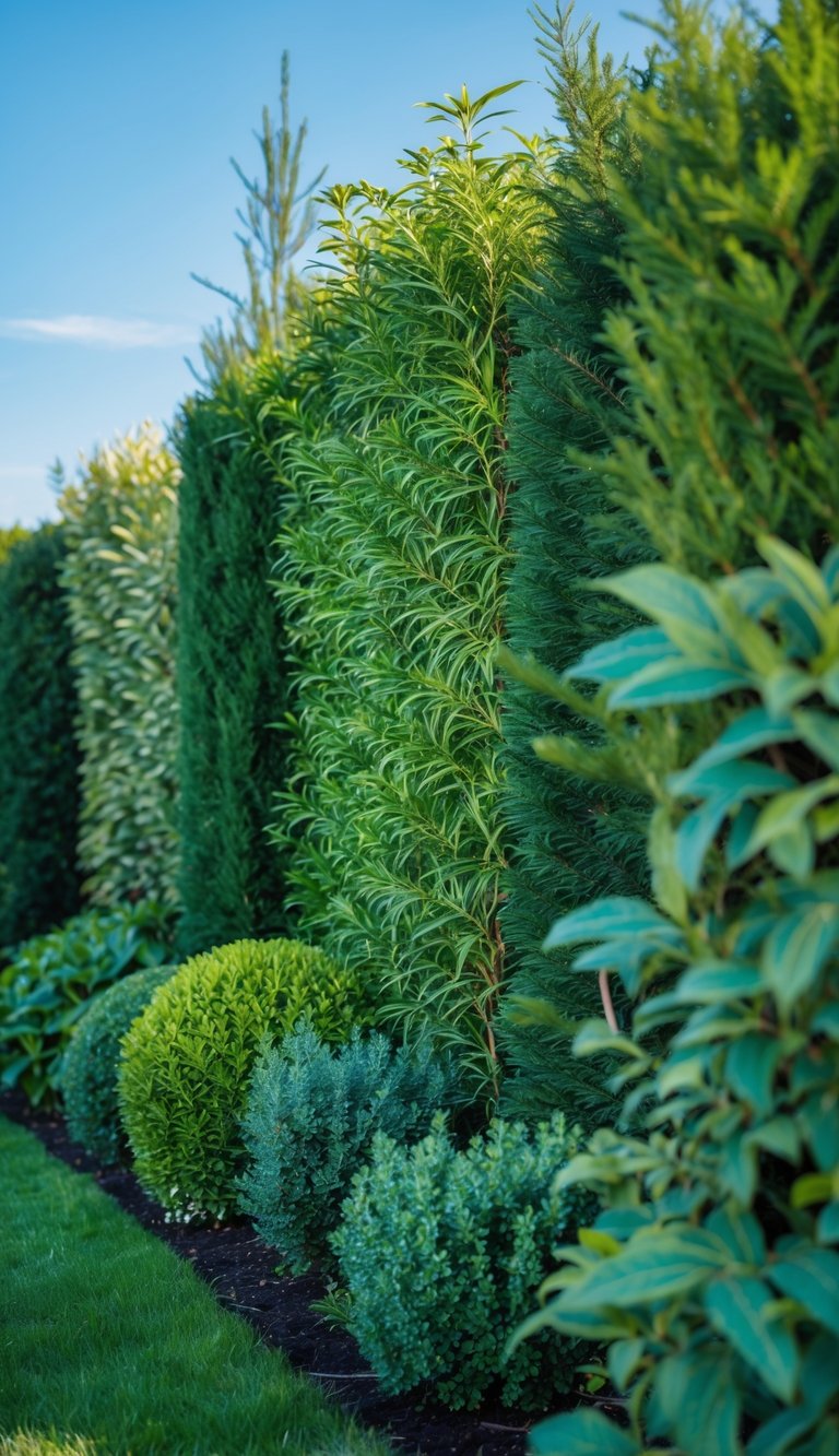 A dense mixed hedge of evergreen and deciduous plants forming a green privacy barrier in a garden.