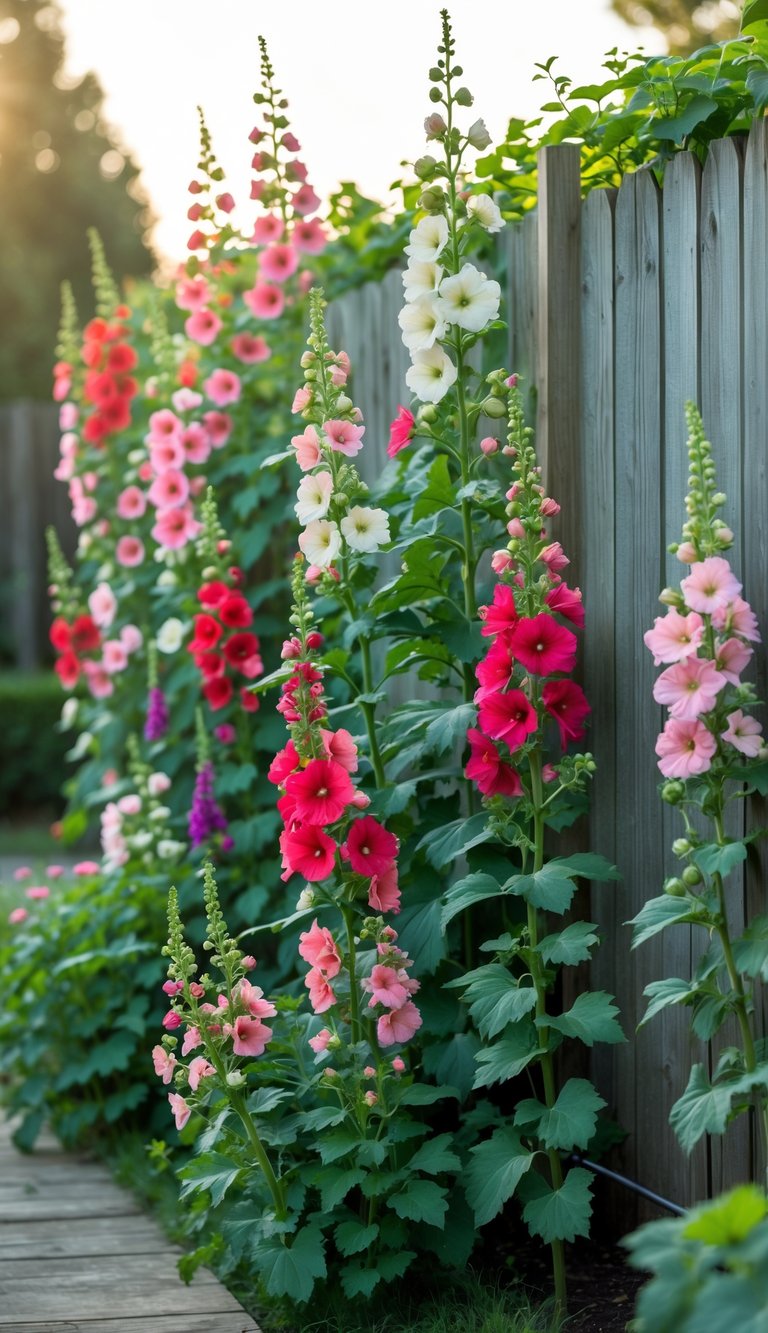 Tall hollyhocks with colorful flowers growing densely along a wooden fence in a garden.