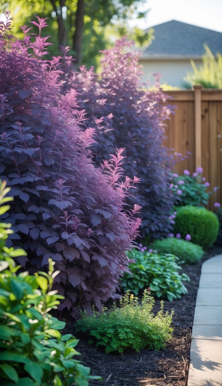 A dense purple smoke bush used as a natural privacy screen in a backyard garden surrounded by green plants.
