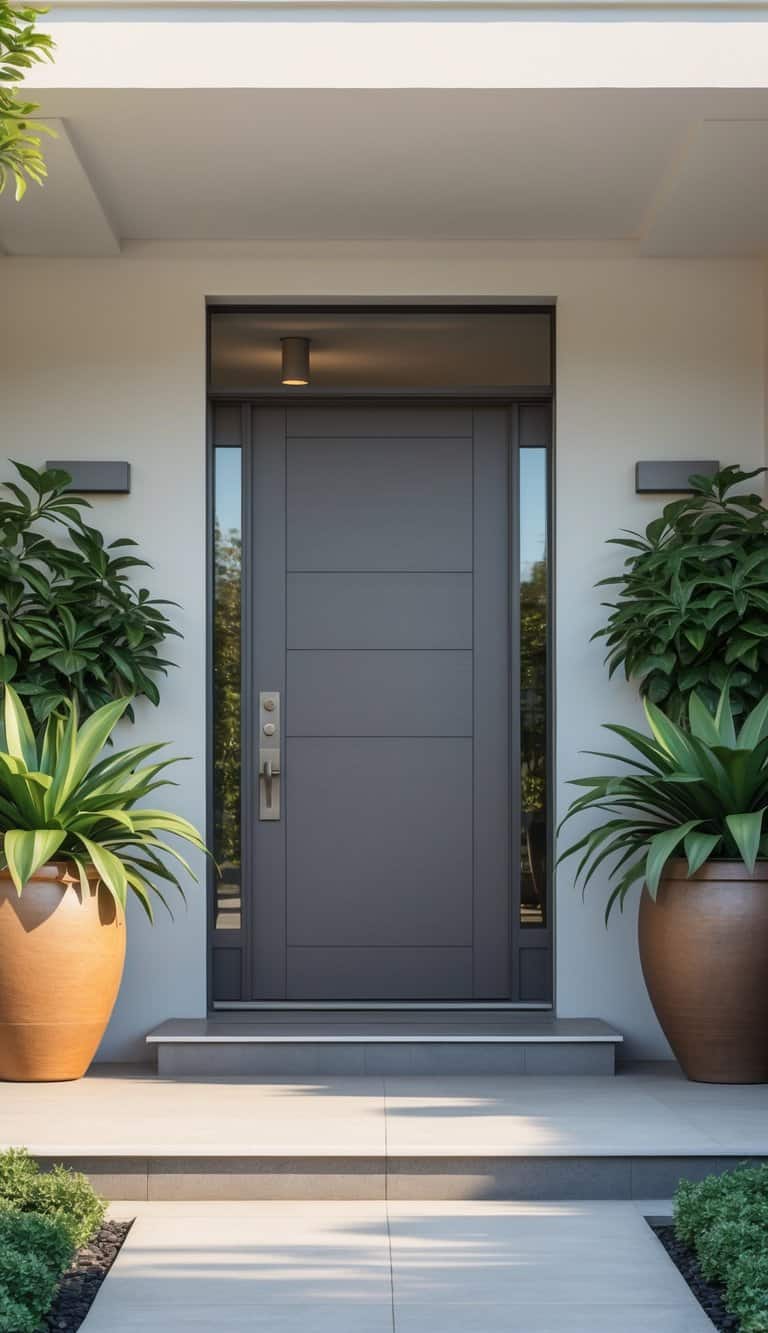 Contemporary front entrance idea featuring gray slab door with horizontal lines, tall glass sidelights, modern planters, and sleek concrete walkway.