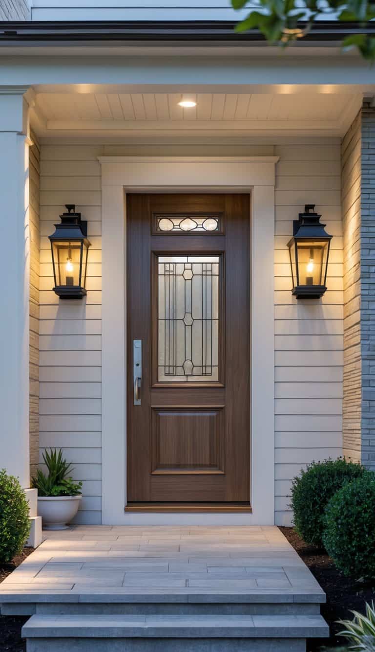 Craftsman front entrance idea with walnut wood door, decorative leaded glass insert, black lantern sconces, horizontal siding, and concrete steps at dusk.
