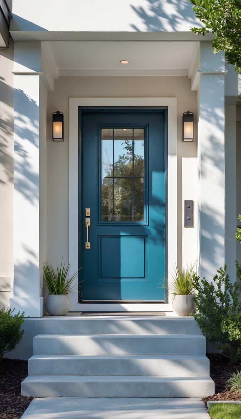 Modern front entrance idea with teal paneled door, large glass insert, brass handle, black wall sconces, white trim, and concrete steps.