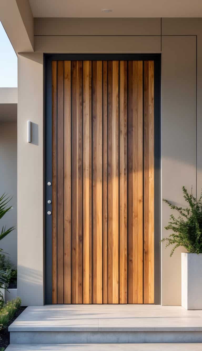 Modern front entrance idea with vertical cedar slat door, black steel frame, smooth stucco walls, concrete step, and minimalist planter.