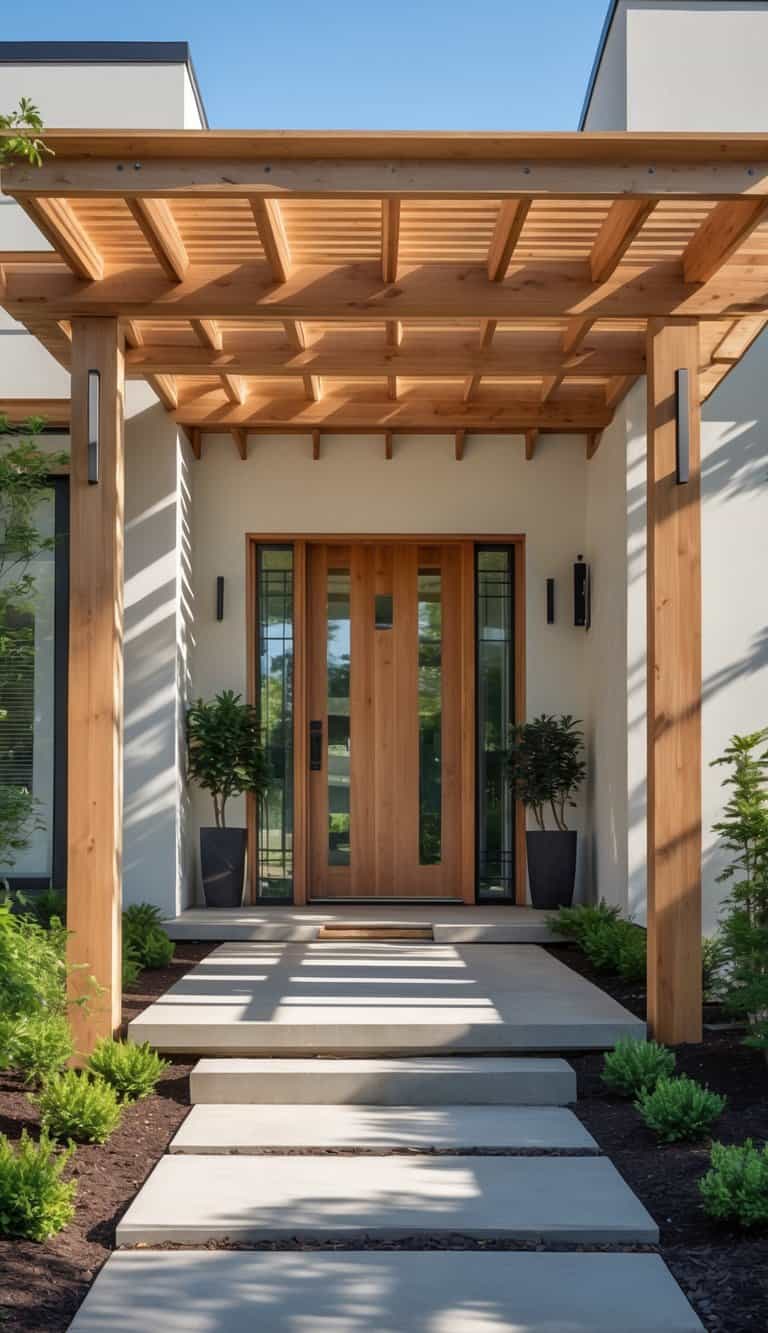 Contemporary front entrance idea featuring exposed wood pergola beams, cedar double doors, glass sidelights, concrete path, and simple green landscaping.