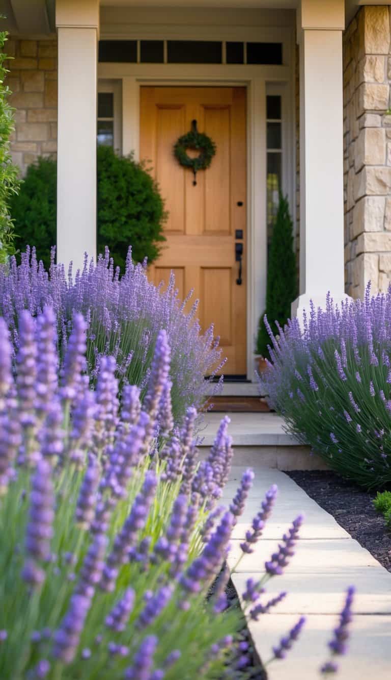 Craftsman front entrance idea with natural wood door, transom window, stone accents, and lavender-lined walkway leading to the porch.